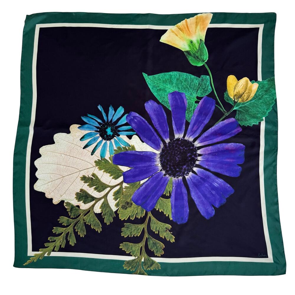 Echo Silk Square Scarf Floral Botanical Print Navy/Green